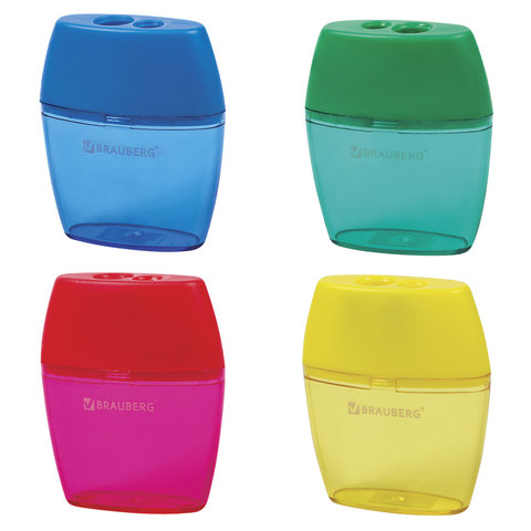 Точилка BRAUBERG "Diamond Dual" с контейнером, пластиковая, овальная, 2 отверстия, цвет ассорти, 226