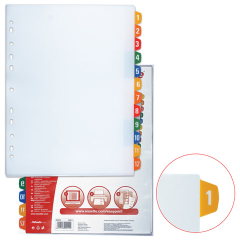 Разделитель документов д/папок пластик. ESSELTE, А4+, цифровой 1-12, с  прозрачным оглавлен., 100214