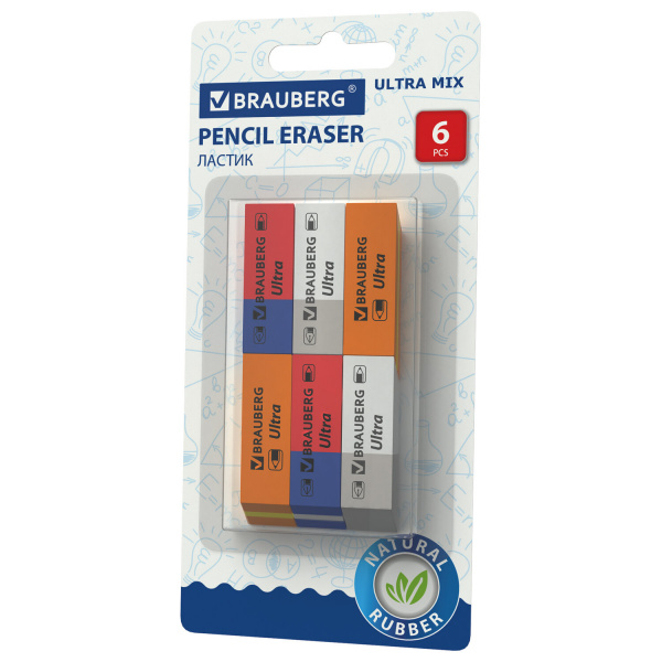 Ластики BRAUBERG "Ultra Mix" 6 шт., размер ластика 41х14х8 мм, ассорти, натуральный каучук, 229602 