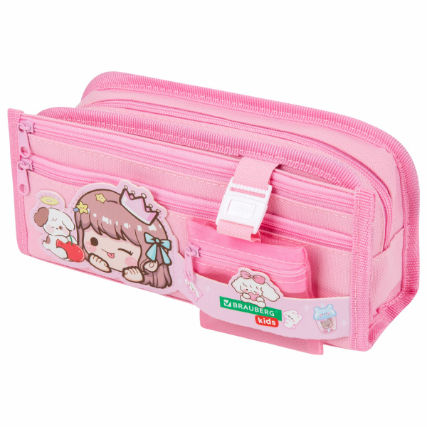 Пенал мягкий BRAUBERG KIDS, 3 отделения, кармашек на карабине, полиэстер, "Sweet friends", 22х10х7 с