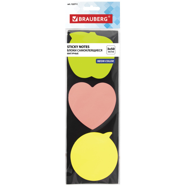 Блок самоклеящийся фигурный BRAUBERG Ассорти 3*50л., европодвес