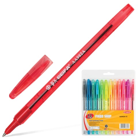 Ручки шариковые BEIFA (Бэйфа), НАБОР 12шт, корп.полупрозр, цв.детали, 1мм, европодв, AA982A-12,ассор