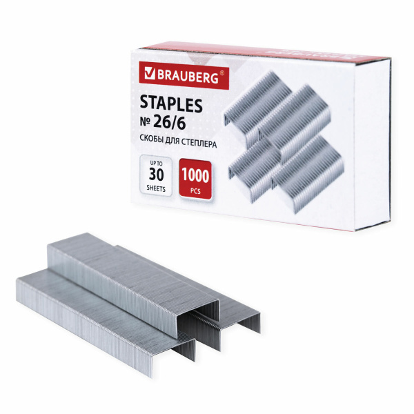 Скобы для степлера №26/6 BRAUBERG 1000 штук, экономичные, до 30 листов