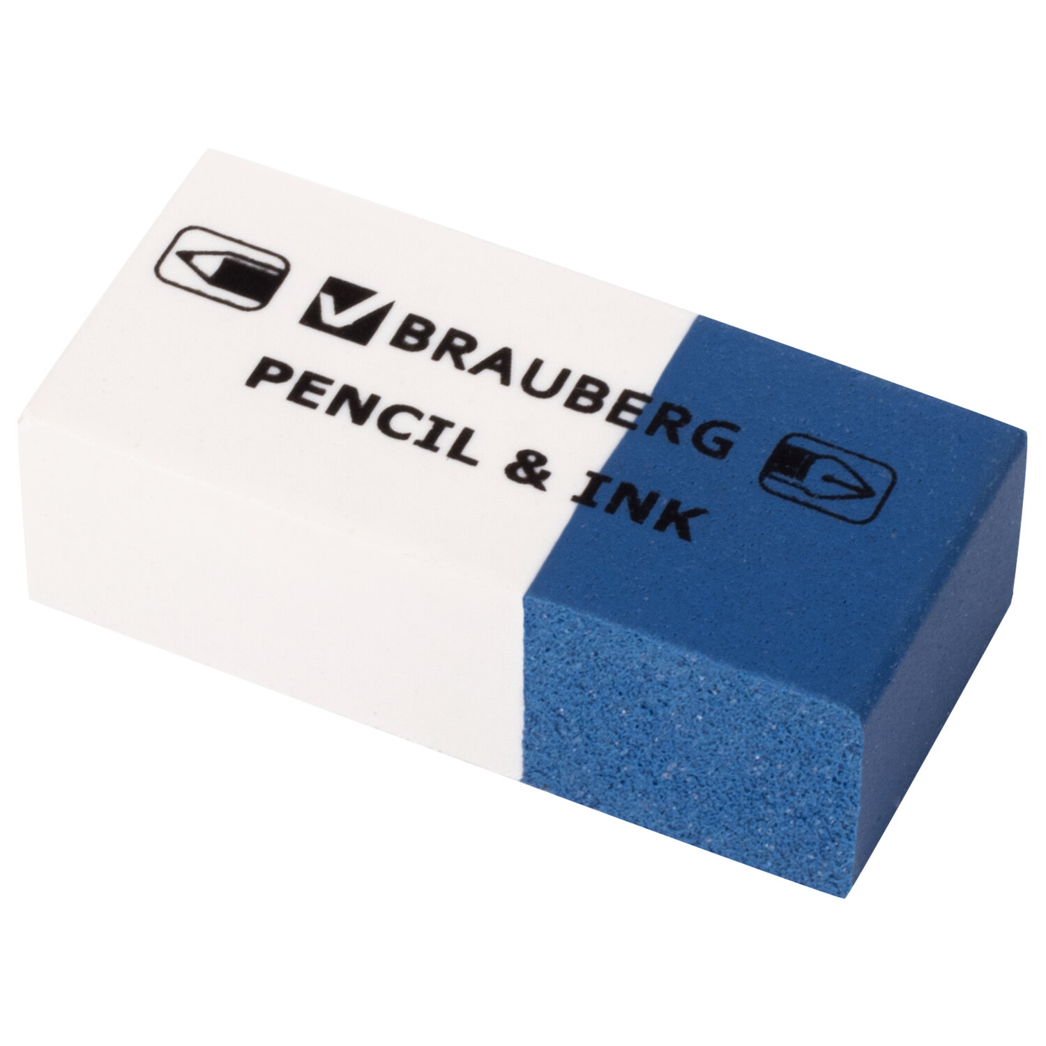 Ластик BRAUBERG "PENCIL & INK", 39*18*12мм, для ручки и карандаша, бело-синий, 229578