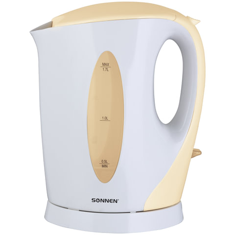 Чайник SONNEN KT-003BG, открытый нагревательный элемент, 1,7 л, 2200 Вт, пластик, белый/бежевый
