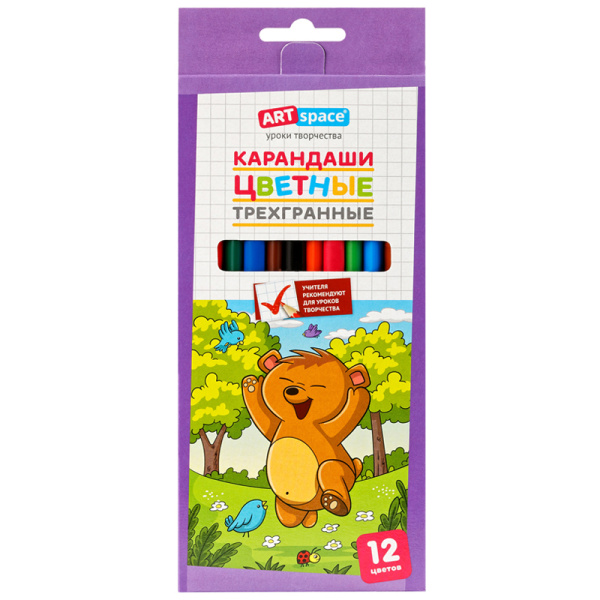 Карандаши цветные ArtSpace "Лесные жители", 12цв., трехгран., заточен., картон. уп., CP_41025