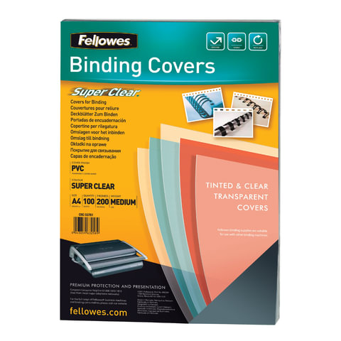 Обложки д/переплета FELLOWES Transparent, набор 100шт, А4, пластик 200мкм, прозрачные, FS-53761