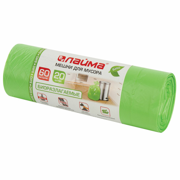 Мешки д/мусора 60л LAIMA БИО, в рулоне 20шт, ПНД, прочные, 60*70см, 15мкм,зел, 601401