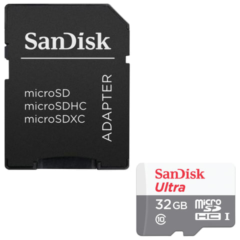 Карта памяти microSDHC, 32 GB, SANDISK Ultra UHS-I U1, 80 Мб/сек (class 10), адаптер, QUNS-032G-GN3M