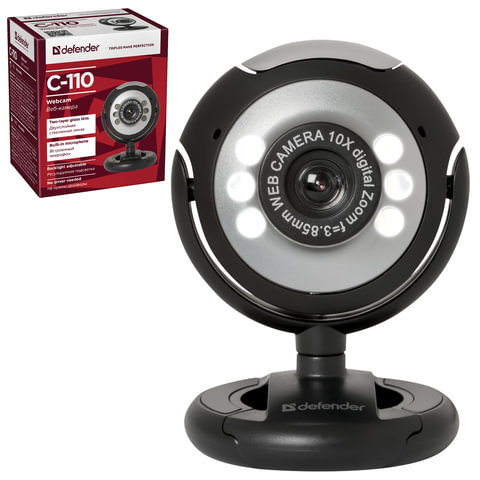 Веб-камера DEFENDER C-110, 0,3 Мп, микрофон, USB 2.0/1.1+3.5 мм jack, подсветка, регулируемое крепле