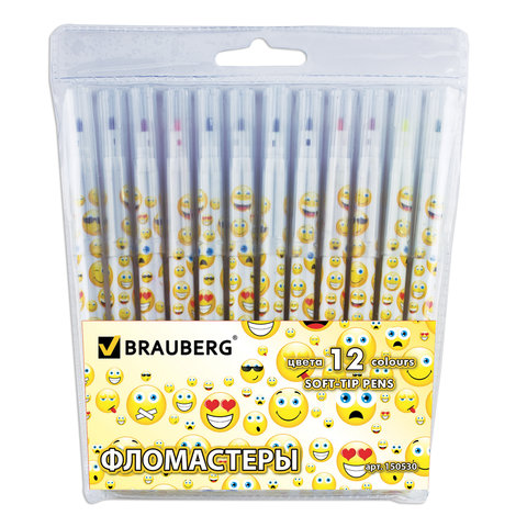 Фломастеры BRAUBERG "Smiles" (Смайлики), 12цв, вент.колп, корп.с печ, пласт.уп, ув.срок служ, 150530
