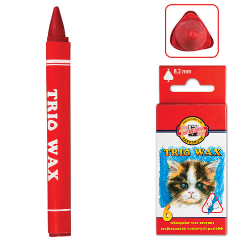 Восковые мелки KOH-I-NOOR  6 цв, на масляной основе, трехгранные, карт.упак., европодвес, 8271/6