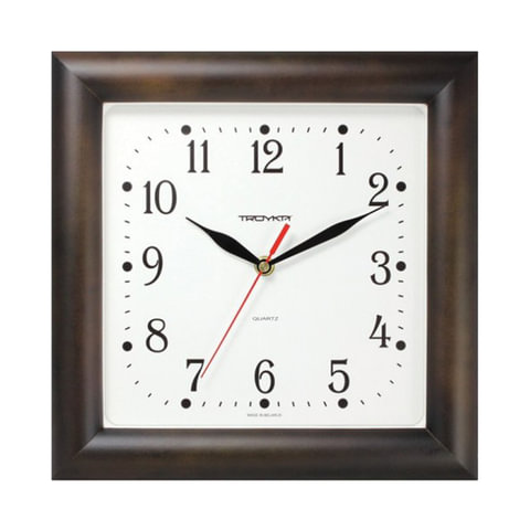 Часы настенные TROYKA 81863835 квадрат, белые, коричневая рамка, 29х29х3,5см