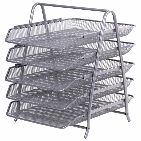 Лоток горизонтальный для бумаг BRAUBERG "Germanium", 5 секций, 370х355х295 мм, металл, серебро, 2379