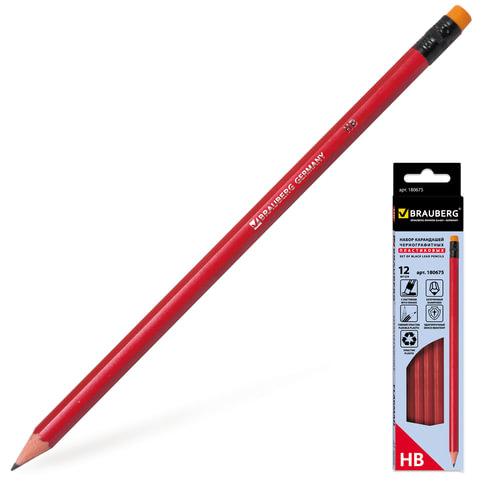 Карандаши ч/гр BRAUBERG "Benex", НВ, с резинкой, пластиковый бордовый корпус