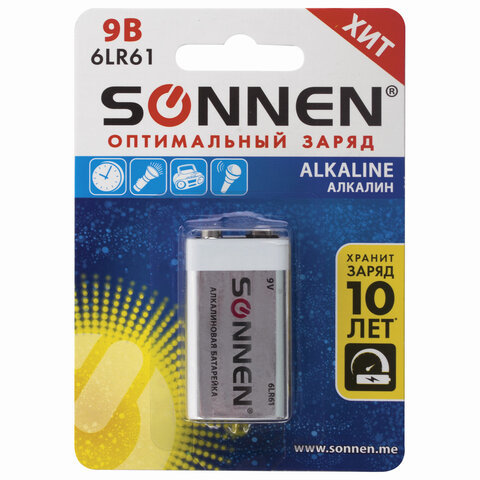 Батарейка SONNEN, 6LR61 (тип КРОНА), 1шт., "Everyday use", АЛКАЛИН, в блистере, 9В, 451092