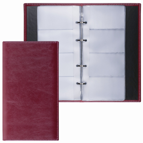 Визитница на кольцах BRAUBERG "Imperial" на 240 визиток, "гладкая кожа", бордовая, 231665