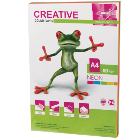 Бумага CREATIVE color (Креатив) А4, 80г/м, 50 л. (5 цв.х10л.) цветная неон, БНpr-50r, ш/к 41447