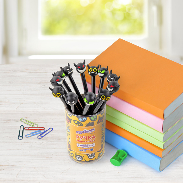 Ручка с топпером шариковая ЮНЛАНДИЯ "Чертёнок", корпус ассорти, СИНЯЯ, узел 0,7мм, 143812