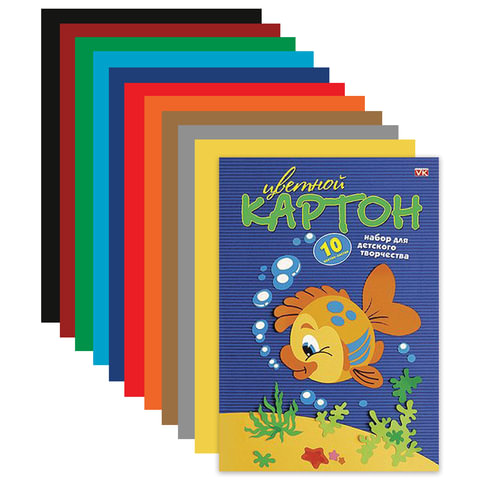 Картон цветной А4 МЕЛОВАННЫЙ, 10 листов 10 цветов, в папке, HATBER VK, 195х290 мм, "Рыбка