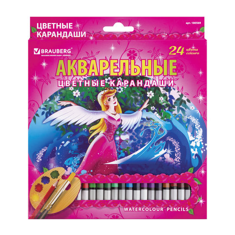 Карандаши цветные акварельные BRAUBERG "Rose Angel" (Ангел Роз) 24цв, заточенные, карт.упак.