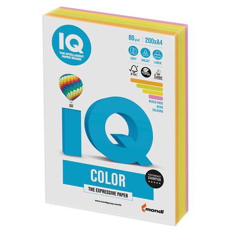 Бумага IQ (АйКью) color, А4, 80 г/м2, 200 л. (4 цв. x 50 л.), цветная неон, RB04