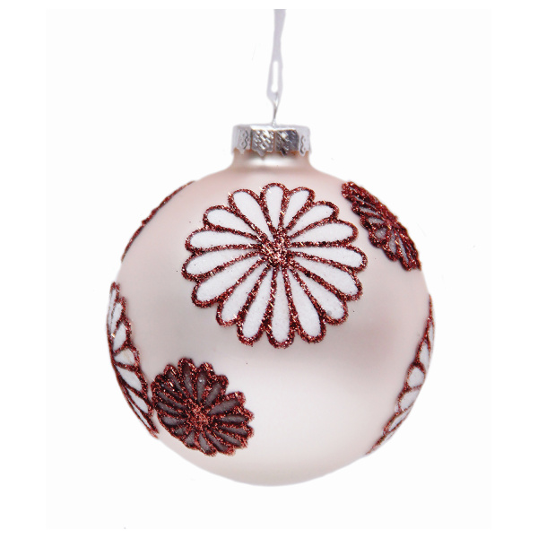 Шар елочный стеклянный "Снежные цветы", диаметр 8 см, с рисунком глиттером (матовый), 42333