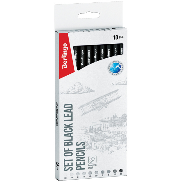 Карандаши чернографитные Berlingo 10шт., 3H-3B, заточен., картон. упаковка, европодвес