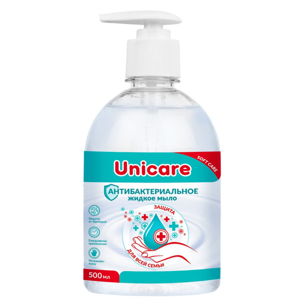 Мыло жидкое 500мл UNICARE, антибактериальное, дозатор, UC501005