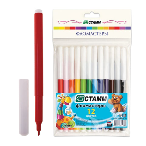 Фломастеры СТАММ "Веселые игрушки", 12 цветов, вентилируемый колпачок, европодвес, ФВ404