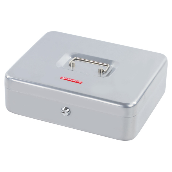 Ящик для денег, ценностей, документов, печатей BRAUBERG 90х240х300 мм, ключевой замок, серебристый