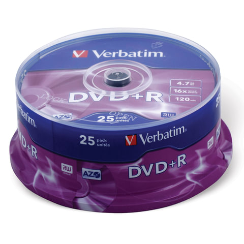 Диск DVD+R (плюс) VERBATIM, 4,7 Gb, 16x, 25 шт., Cake Box, 43500