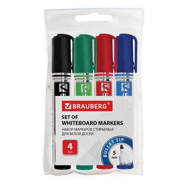 Маркеры для доски BRAUBERG, НАБОР 4шт., круглый нак. 5 мм, (чер., син., красн., зел.), 150491