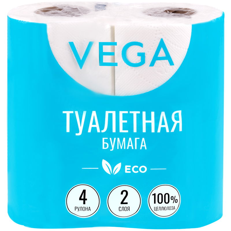 Бумага туалетная Vega 2-слойная, 4шт., эко, 15м, тиснение, белая, 100% целлюлоза