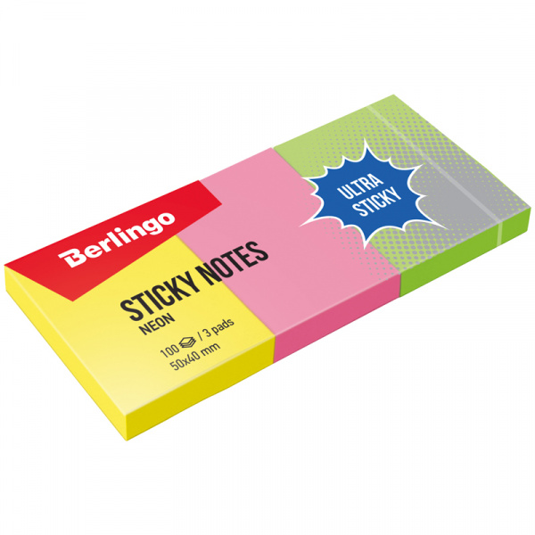 Блок самоклеящийся Berlingo "Ultra Sticky" 50*40мм, 3 блока по 100л, 3 неоновых цв, 39003