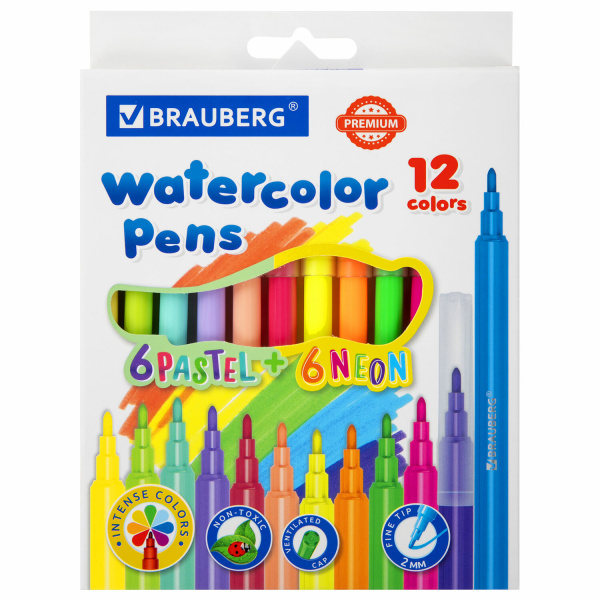 Фломастеры 6 неоновых + 6 пастельных, вентилируемый колпачок BRAUBERG "PREMIUM", карт.коробка,152198