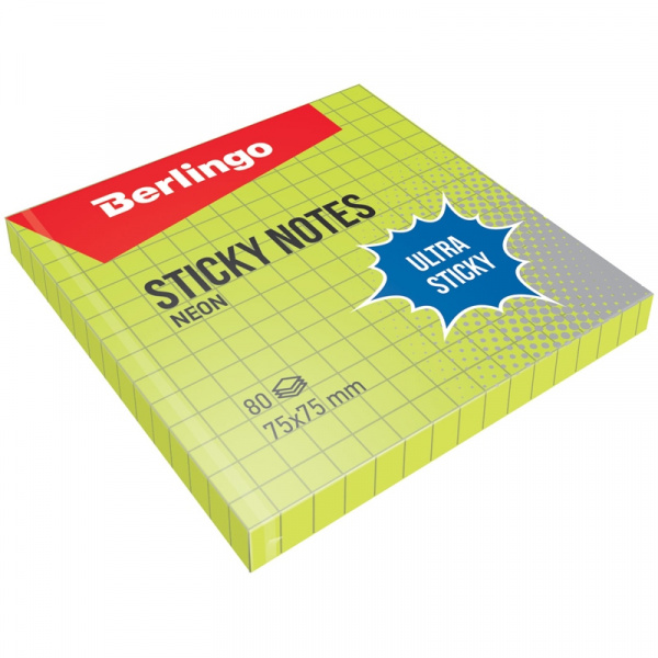 Блок самоклеящийся Berlingo "Ultra Sticky" 75*75мм 80л,, в клетку, зеленый неон LSn_39701