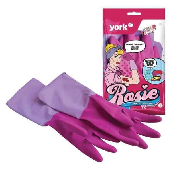 Перчатки резиновые, х/б напыление, рифленые пальцы, размер L, Роза, 75 г, ПРОЧНЫЕ, с удлиненной манж