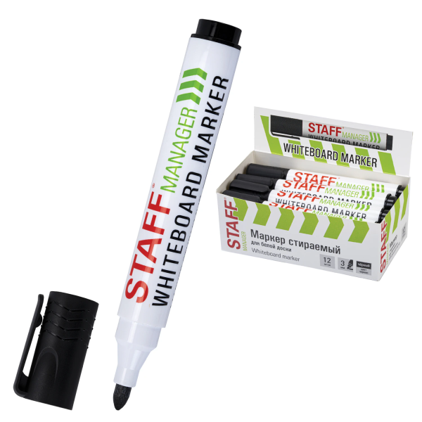 Маркер стираемый для белой доски, ЧЕРНЫЙ, STAFF "MANAGER" WBM-300, 3 мм, с клипом, 152636