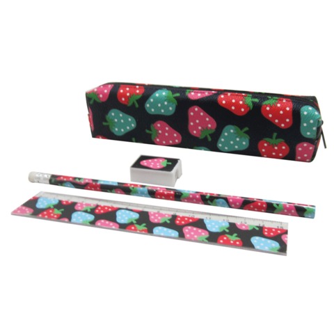 Пенал-косметичка BRAUBERG, с НАПОЛНЕНИЕМ (линейка, карандаш, точилка), КЛУБНИКА, 19*4*3см