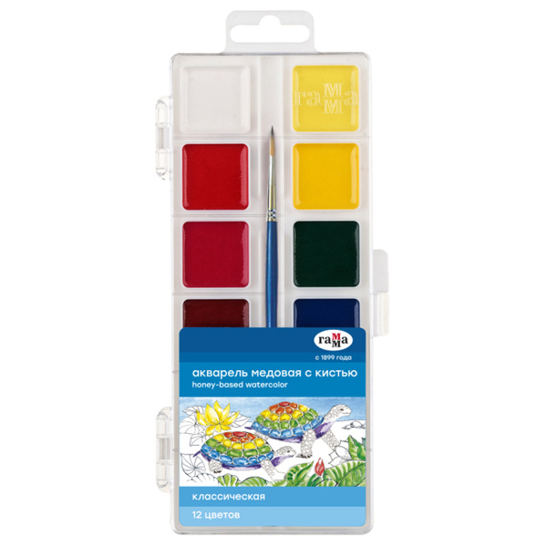 Краски акварельные ГАММА "Классическая", 12 цветов, медовая, c кистью, пластиковая коробка, европодв