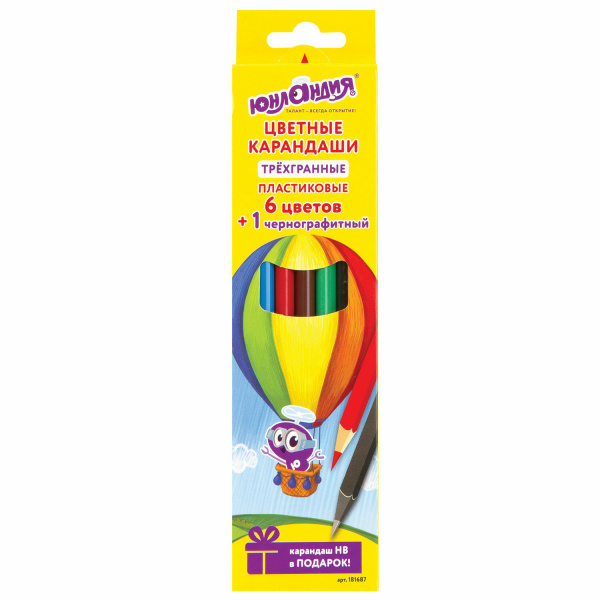 Карандаши цветные ЮНЛАНДИЯ "ВОЗДУШНЫЙ ШАР", 6 цветов + 1 ч/гр, пластиковые, трехгранные, 181687