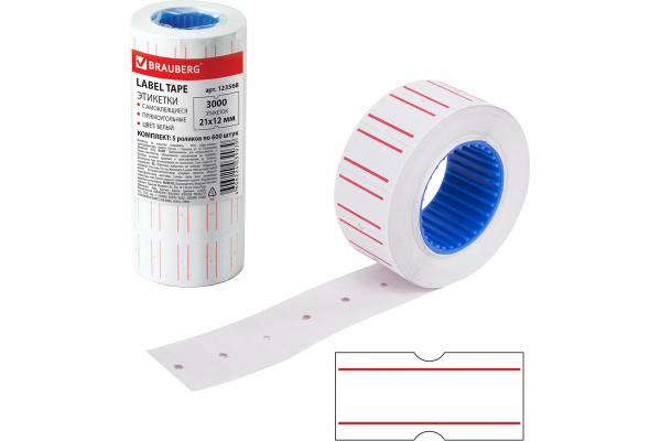 Этикет-лента OfficeSpace, 21*12мм, белая с красной полосой, 1000 этикеток