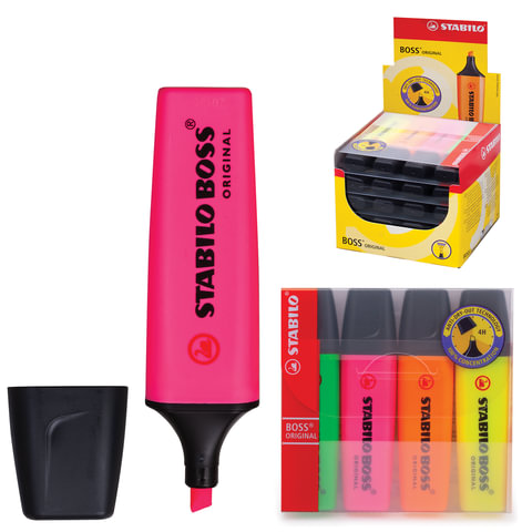 Текстмаркеры STABILO, НАБОР 4шт., "Boss", скошенный наконечник 2-5мм, (желт, зел, роз, оранж)