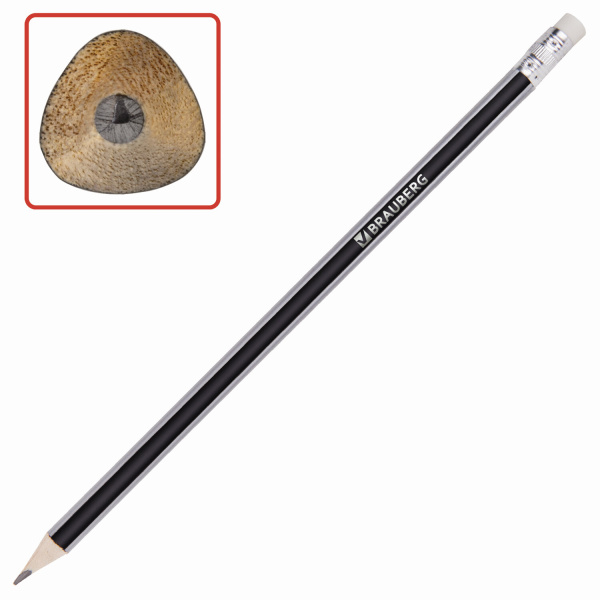 Карандаш чернографитный BRAUBERG, 1 шт., "Alderida", НВ, трехгранный, с ластиком, корпус черный, зат