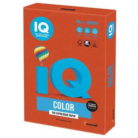 Бумага IQ color, А4, 80 г/м2, 500 л., интенсив, красный кирпич, ZR09