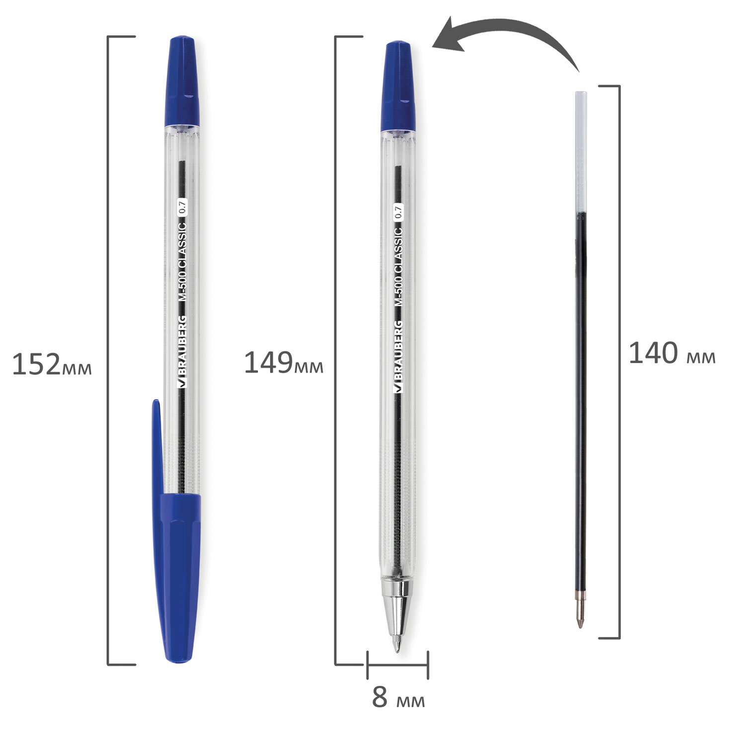Ручка шариковая BRAUBERG "M-500 CLASSIC", СИНЯЯ, корпус прозрачный, узел 0,7 мм, линия письма 0,35 м