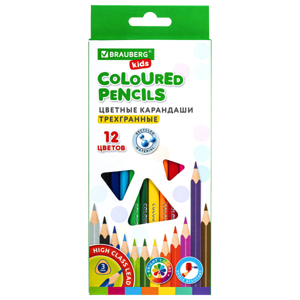 Карандаши цветные BRAUBERG KIDS, 12 цветов, трехгранные, заточенные