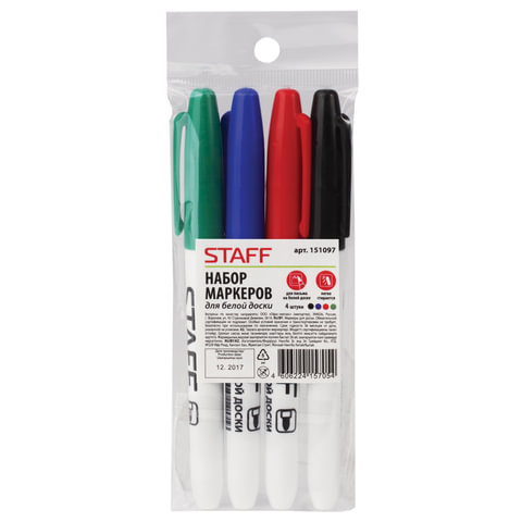 Маркеры для доски STAFF, набор 4 шт., тонкий корпус, круглые, 2,5 мм, черный, синий, красный, зелены