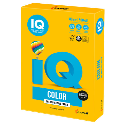 Бумага IQ (АйКью) color, А3, 80 г/м2, 500 л., интенсив солнечно-желтая, SY40